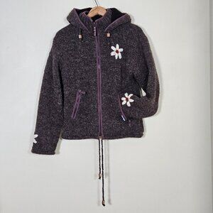 Laundromat Knit Jacket Sweater S Brown Full Zip Thick Wool Floral Lined Handmade